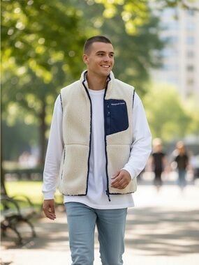 Vineyard Vines Cream Sherpa Vest with Navy Pocket